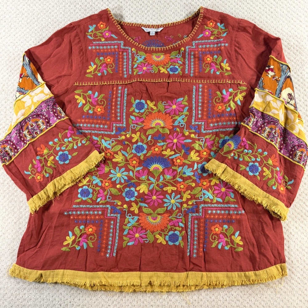 John Mark Embroidered Blouse Women L Floral Top Boho Folk Artisan Peasant Hippie